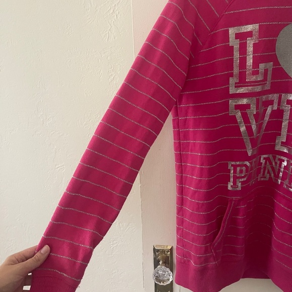 Vintage VS PINK Striped Pink And Silver Hoodie Size Medium Y2K - Picture 3 of 9